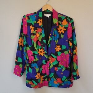 VTG 100% Silk Colorful Floral Blazer Medium 90s Y2K Shoulder Pads Pink Purple